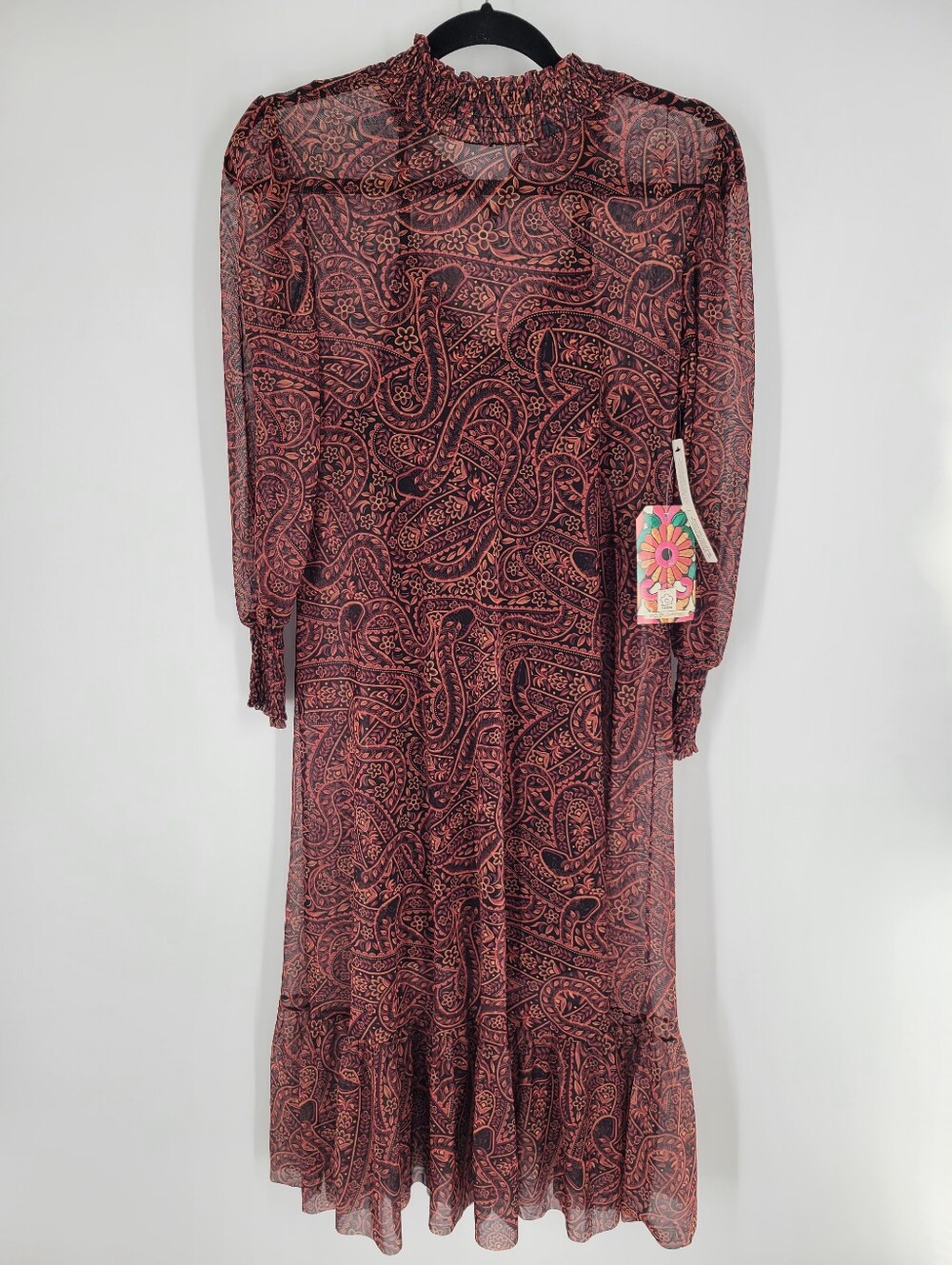 Farm Rio Mesh Dress Mock Neck Anthropologie Printed Paisley Midi Brown Size M - Picture 2 of 6
